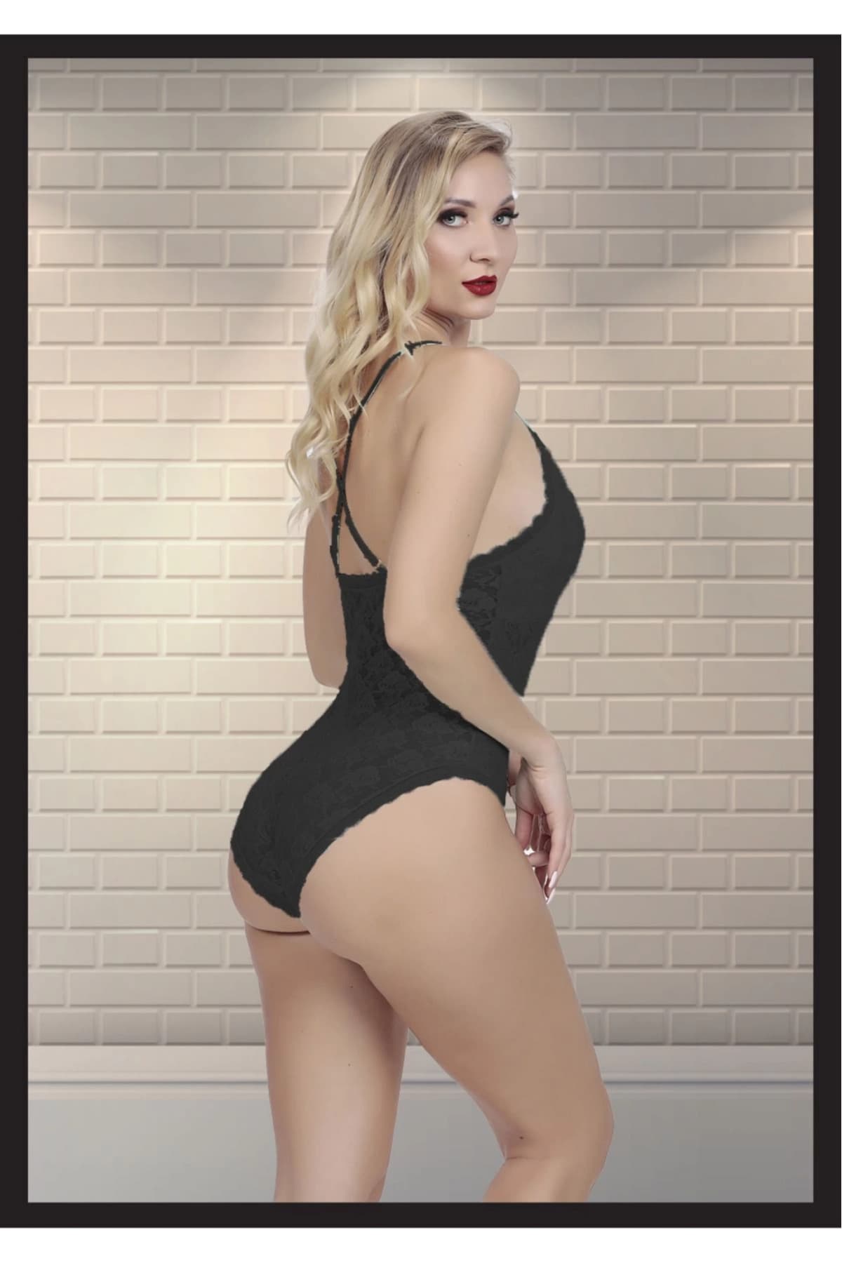 Siyah nakışlı dantelli bodysuit, 2. görsel
